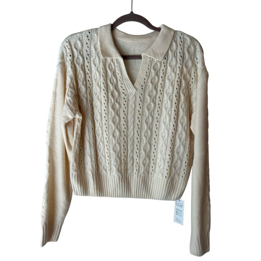 NWT Cupshe Cable Polo Collared Sweater Sz M cream minimalist preppy fall